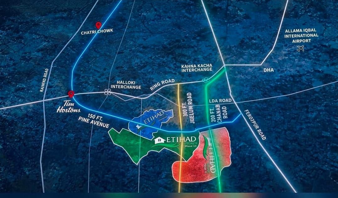 Etihad Town Phase 4 location — Phase II, III & IV along Pine Avenue, Ring Road, DHA and Airport