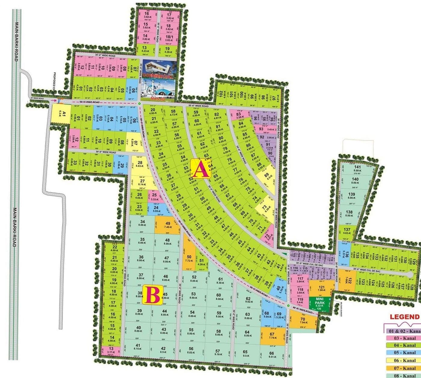 Ivy Farms master plan — 2, 4, 6 and 8 Kanal blocks with Main Barki Road frontage