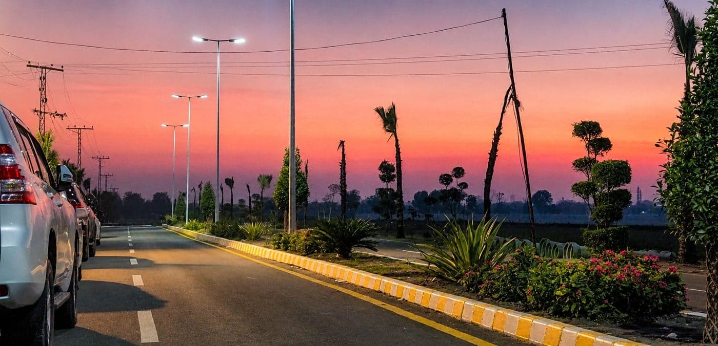 The Palm Valley Farms boulevard at dusk with street lighting