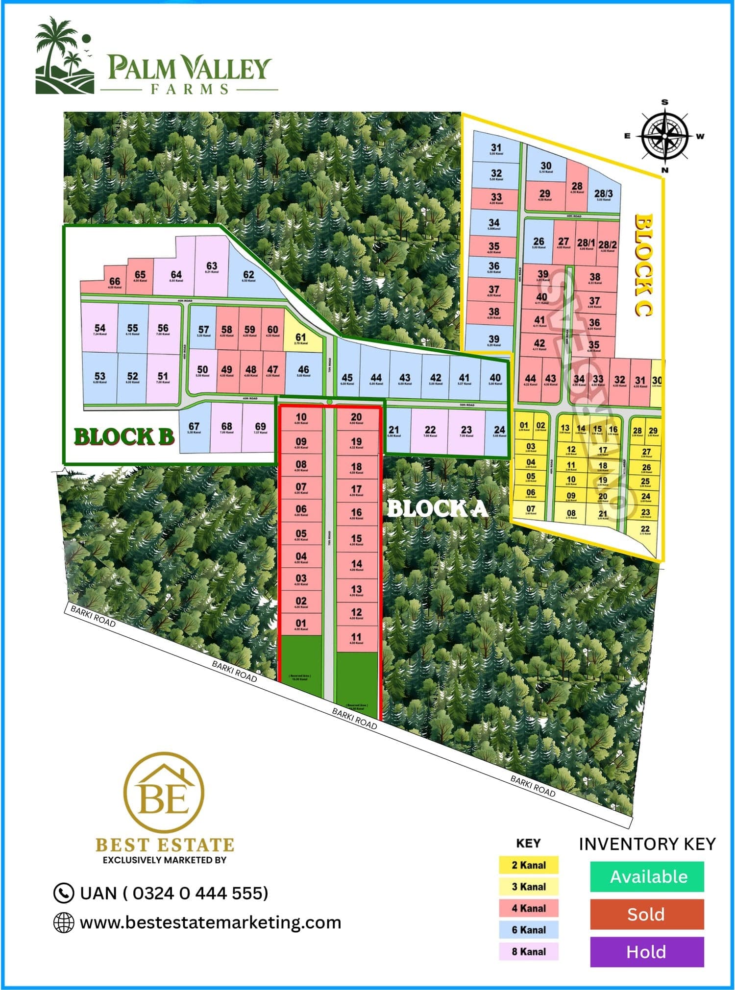 Palm Valley Farms site plan — Blocks A, B and C with numbered plots in 2, 3, 4, 6 and 8 Kanal sizes, 40 ft and 70 ft internal roads, reserved green areas and an inventory key, fronting Barki Road