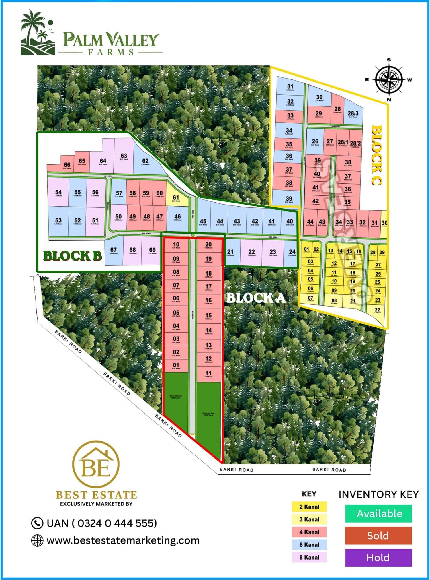Palm Valley Farms site plan — Blocks A, B and C with numbered plots in 2, 3, 4, 6 and 8 Kanal sizes, 40 ft and 70 ft internal roads, reserved green areas and an inventory key, fronting Barki Road