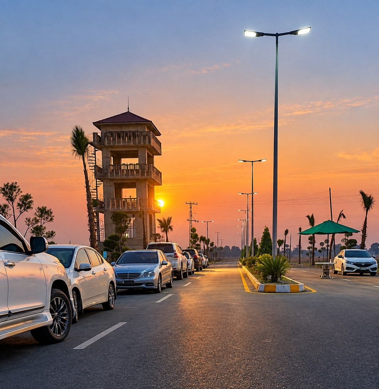 The Palm Valley Farms community watchtower at sunset